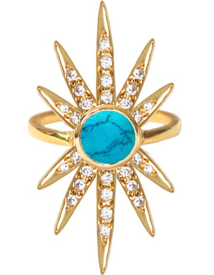 Sunburst Ring<br /><i><small>18K Gold Plated with Turquoise & White Topaz</small></i><br /> - Eddera